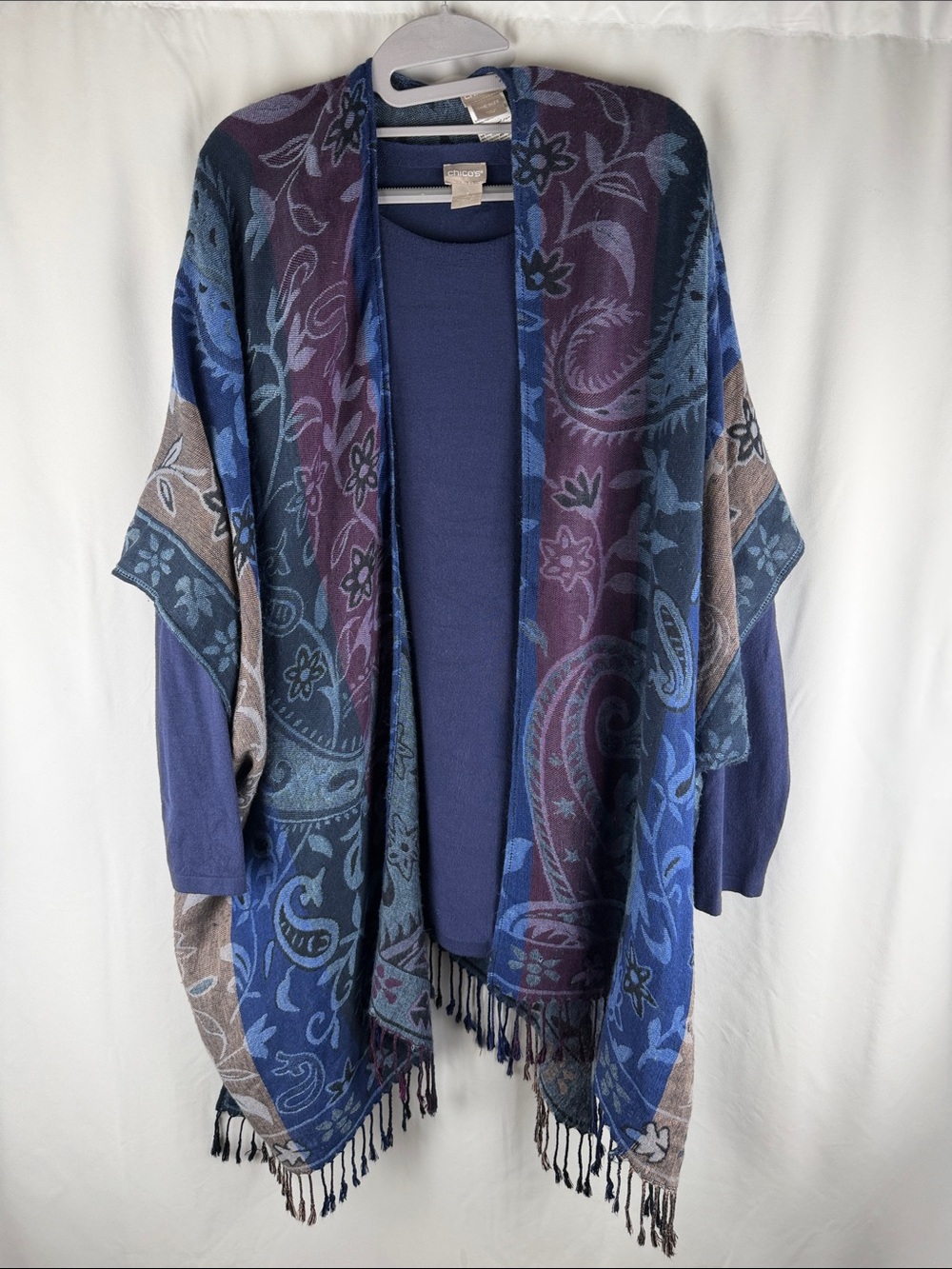 Chico's Blue & Purple Paisley Fringe Wrap & Blue Sweater 2 for 1